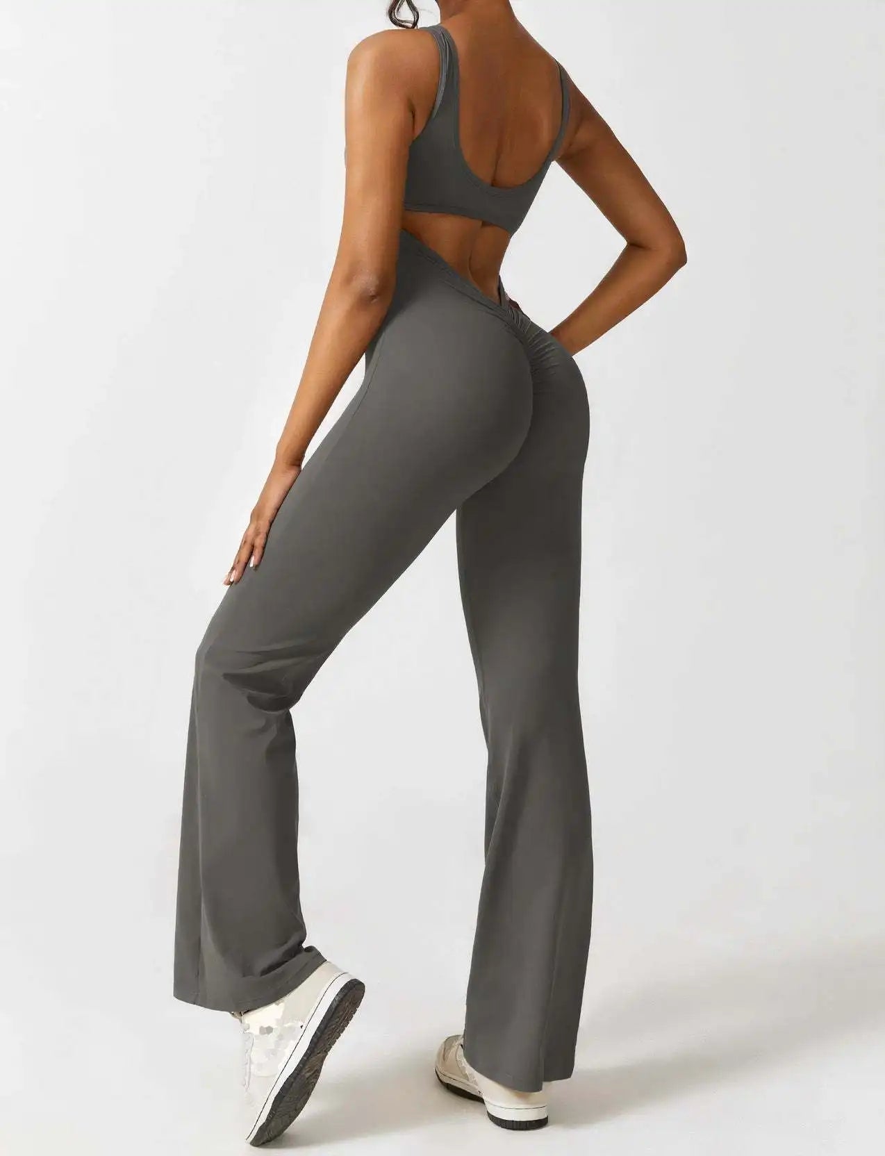 EliteFit Hollow Back Bodysuit & Peach Flare Yoga Pants Set