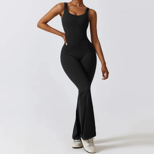 EliteFit Hollow Back Bodysuit & Peach Flare Yoga Pants Set